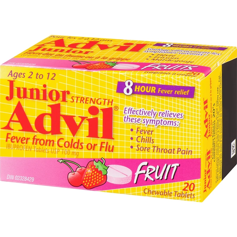 Advil Junior Fièvre due au rheum ou à la grippe Comprimés d'ibuprofène à 100 mg, Fruits, 20 comprimés