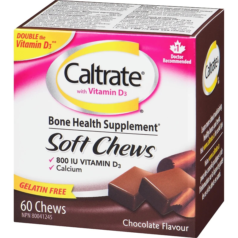 Carrés à mâcher Caltrate, supplément de calcium et de vitamine D3 pour la santé des os, chocolat, 60 unités