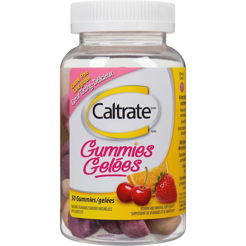 Gelées Caltrate, supplément de calcium et de vitamine D3 pour la santé des os, cerise, orange et fraise, 50 unités