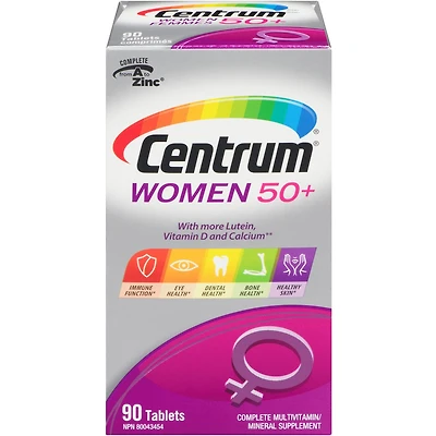 Centrum Femmes 50+, un supplément complet de vitamines et de minéraux, en format de 90 comprimés
