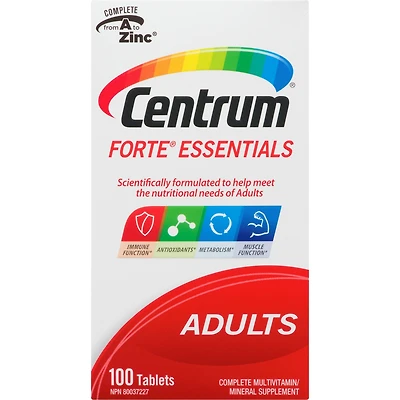 Centrum Forte Essentials Adult Multivitamin and Multimineral Supplement Tablets, 100 Count