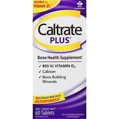 Caltrate Plus Calcium & Vitamin D3 Bone Health Supplement Tablets, 60 Count