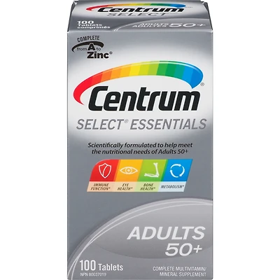 Centrum Select Essentiels  50+, un supplément complet de vitamines et de minéraux, en format de 100 comprimés