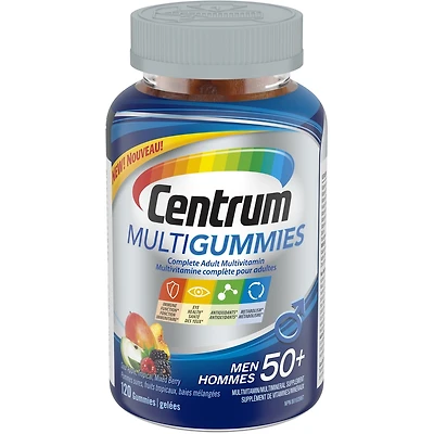 Centrum MultiGummies Hommes 50+, un supplément gélifié complet de vitamines et de minéraux, saveurs de pommes sûres, fruits tropicaux et baies mélangées, en format de 120 gelées