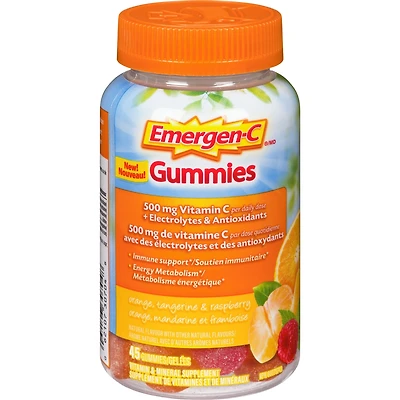 Emergen-C Gummies 500mg Vitamin C Supplement, Orange, Tangerine & Raspberry Flavours
