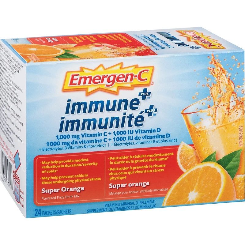 Mélange pour boisson pétillante Emergen-C immunité+, supplément de vitamine C et de minéraux, super orange