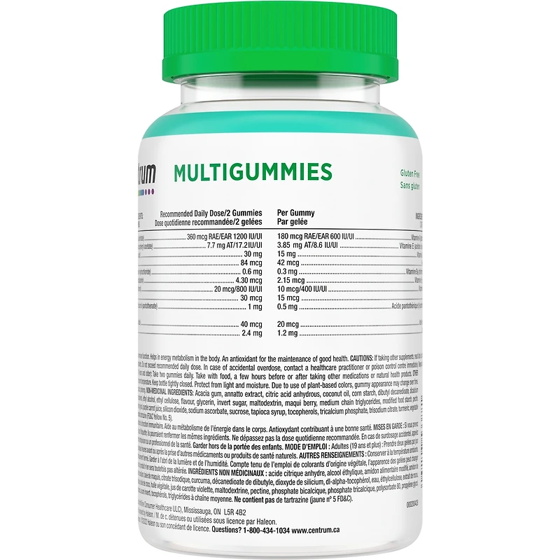 Multigummies Centrum aux fruits tropicaux pour adultes, supplément de vitamines et de minéraux multiples, saveurs d’ananas-mangue, de pitaya et de fruit de la passion