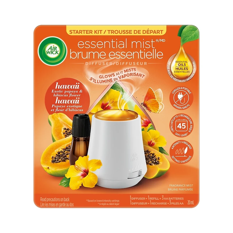 Trousse Diffuseur ESSENTIAL MISTMD - Hawaii Papaye exotique et fleur d'hibiscus, 1 Diffuseur + 1 Recharge + 3 Batteries AA