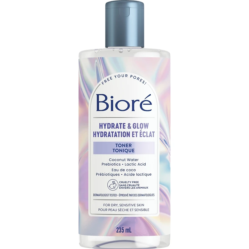 Tonique Hydratation et éclat de Bioré, avec eau de coco + prébiotiques + acide lactique, tonique pour peau sèche et sensible (235 ml)