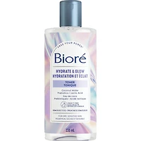 Tonique Hydratation et éclat de Bioré, avec eau de coco + prébiotiques + acide lactique, tonique pour peau sèche et sensible (235 ml)