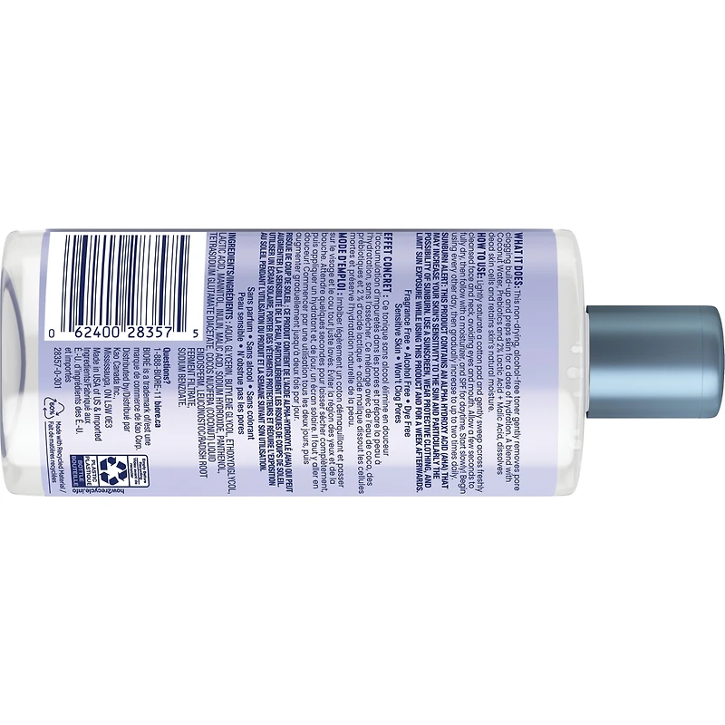 Tonique Hydratation et éclat de Bioré, avec eau de coco + prébiotiques + acide lactique, tonique pour peau sèche et sensible (235 ml)
