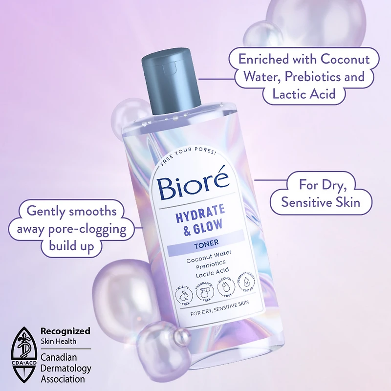 Tonique Hydratation et éclat de Bioré, avec eau de coco + prébiotiques + acide lactique, tonique pour peau sèche et sensible (235 ml)