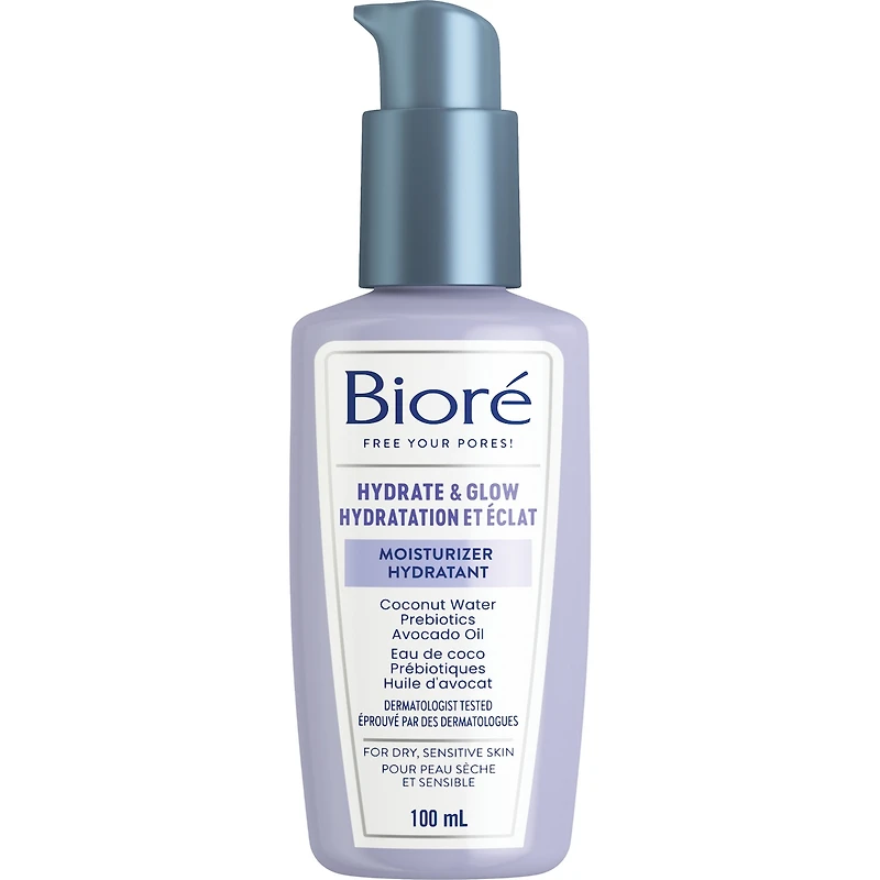 Hydratant Hydratation et éclat de Bioré, avec eau de coco + prébiotiques + huile d’avocat, hydratant pour peau sèche et sensible (100 ml)