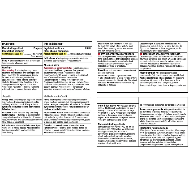 Acétaminophène à 500 mg, analgésique, extra fort