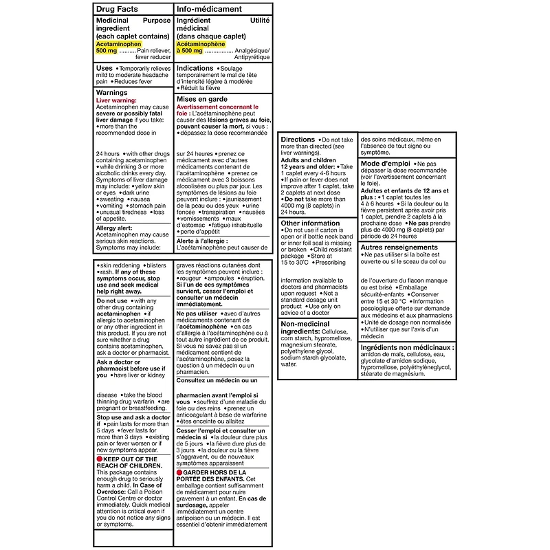 Acétaminophène à 500 mg, extra fort, caplets