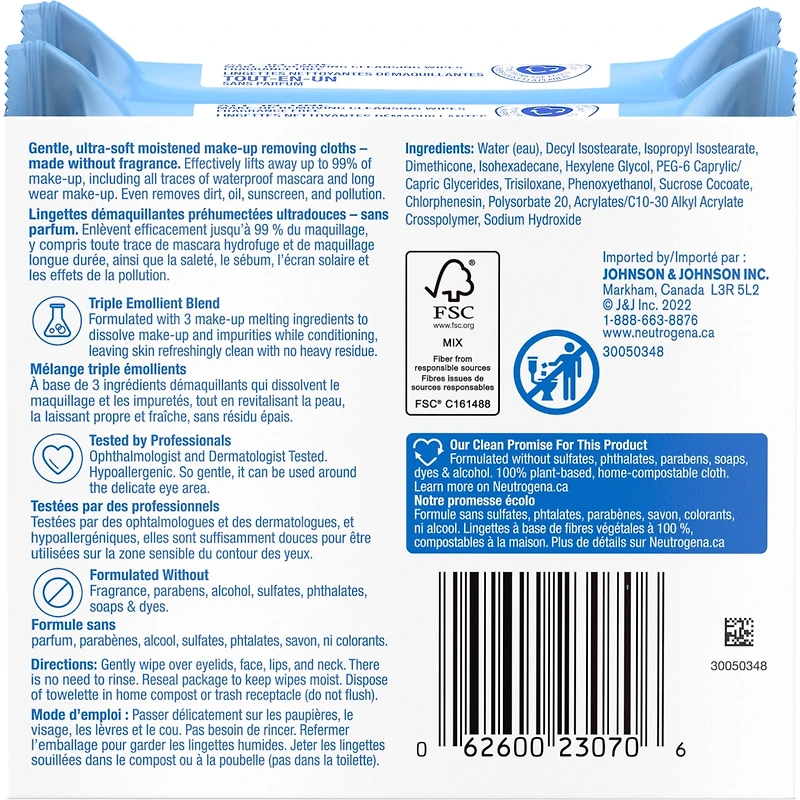 Lingettes nettoyantes démaquillantes Tout-en-un non parfumées pour le visage, compostables, composées de fibres végétales, Duo écono