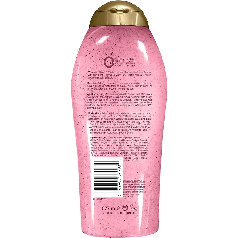 Nettoyant exfoliant OGX Rose Water & Pink Sea Salt, doux et apaisant