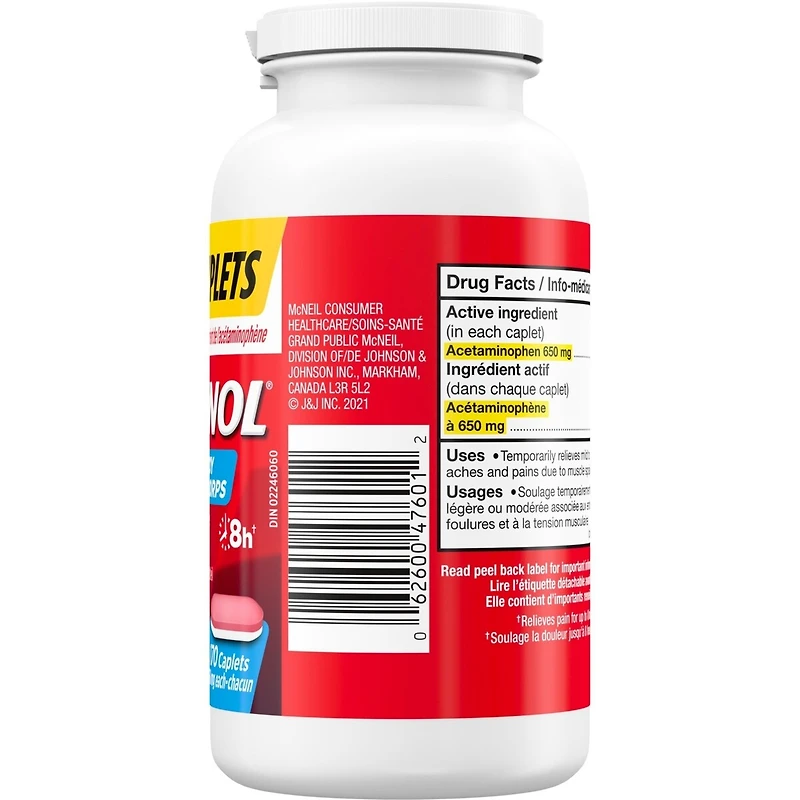 Muscle & Body Pain Relief- Acetaminophen 650 mg - Fast Acting - Bi-Layer Caplets