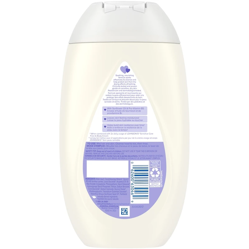 Nettoyant et shampoing Soin peau sensible Johnson's, parfum léger