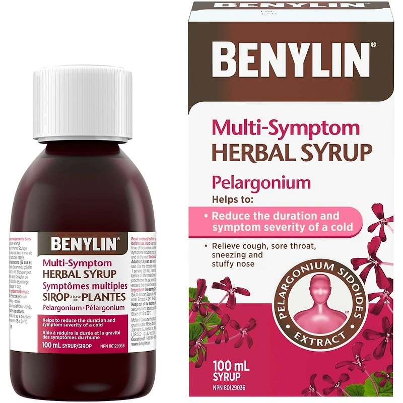 Sirop à base de plantes Benylin Symptômes multiples, antitussif, soulagement du mal de gorge, rhume, Pelargonium sidoides, 100 ml