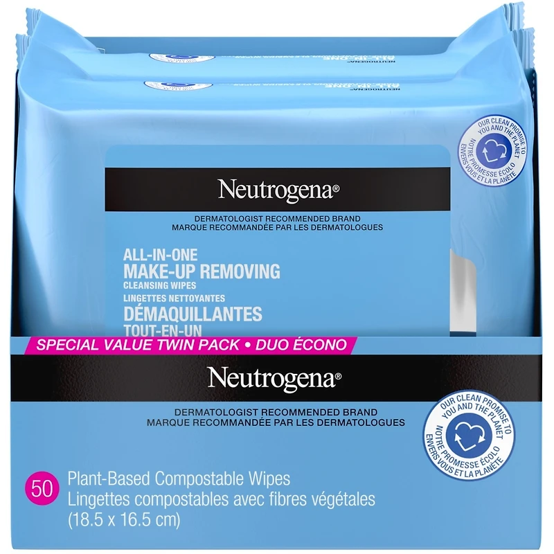 Lingettes nettoyantes démaquillantes Tout-en-un pour le visage, compostables, composées de fibres végétales, Duo écono