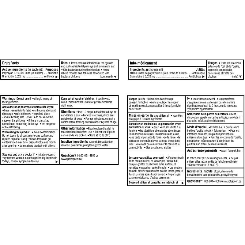 Polysporin Gouttes antibiotiques Œil et oreille, 15 ml