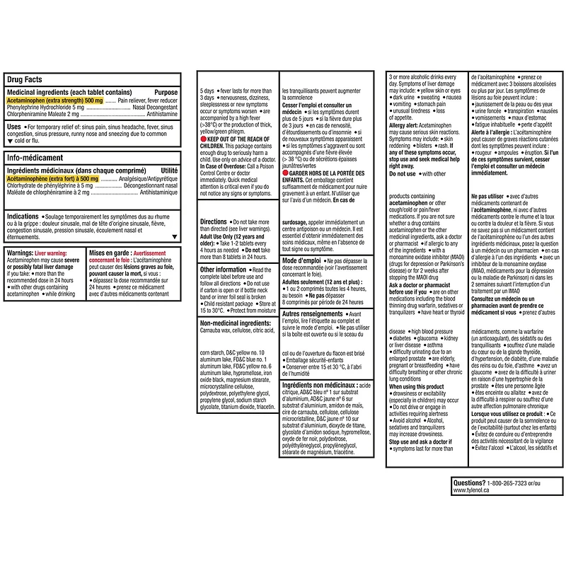 Acétaminophène à 500 mg, soulagement des sinus, nuit, extra fort