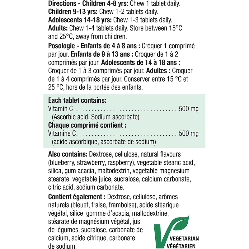 Comprimés à croquer de vitamine C 500 mg à saveur des bleuets sauvages