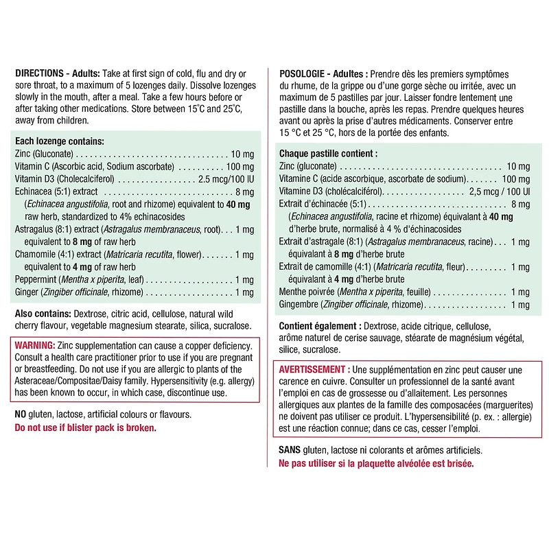 Pastilles de zinc avec échinacée et vitamines C et D - Cerise sauvage