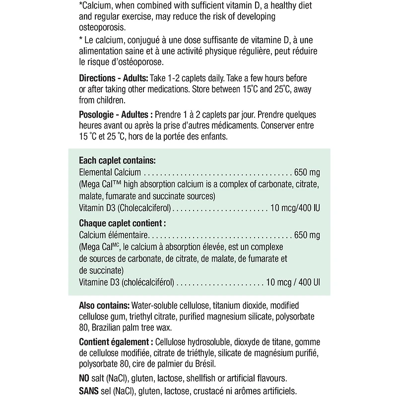 Mega Cal™ Calcium 650 mg + Vitamine D3 400 UI FORMAT ÉCONOMIQUE