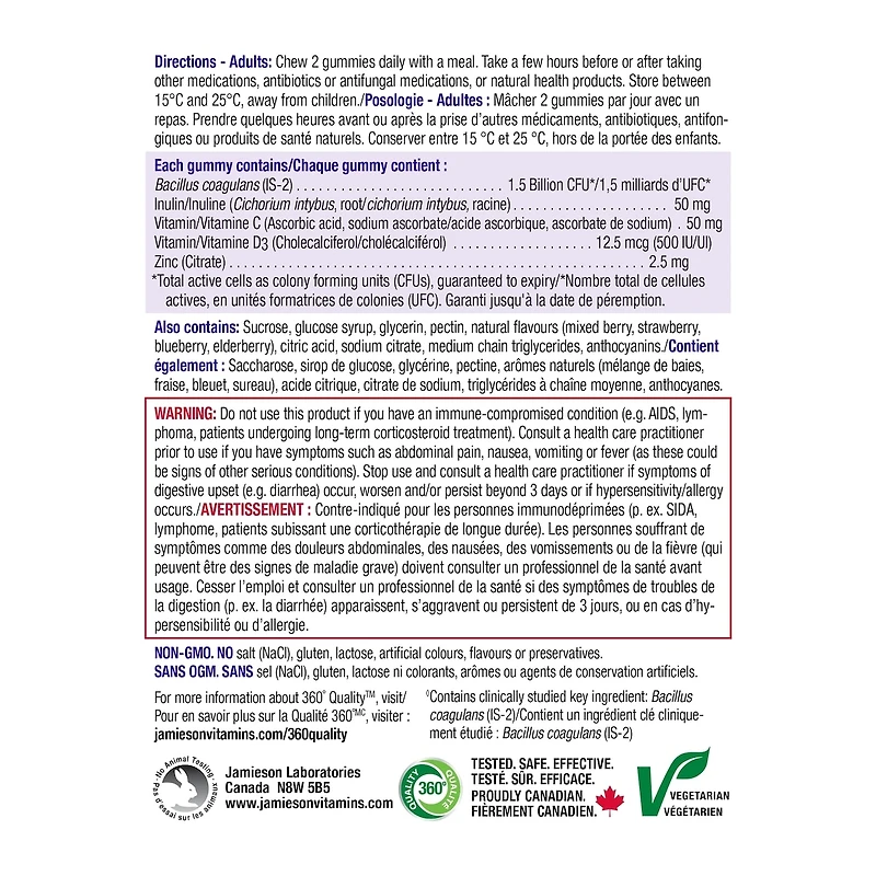 Jamieson Probiotique immunitaire gummies baie de sureau, 70 compter