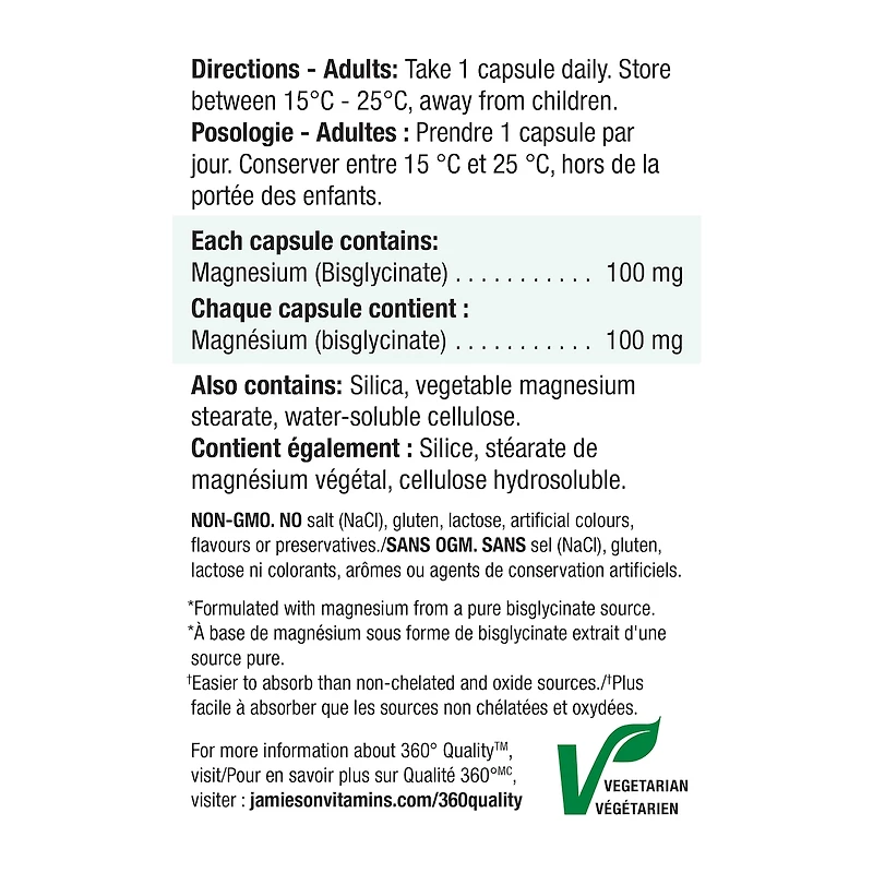 Jamieson Magnesium Bisglycinate 100 mg, 70 Capsules