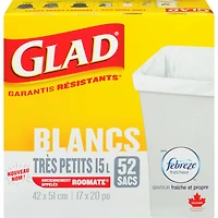 Très petits sacs à ordures blancs avec senteur fraîche et propre de Febreze fraîcheur, sacs à ordures de 15 L