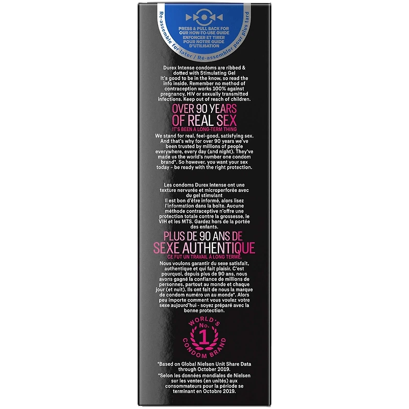 Condoms Durex Intense Orgasmic nervurés, microperlés et enrobés d’un gel stimulant