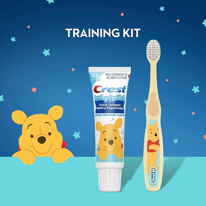 Trousse de dentifrice d’apprentissage sans fluorure mettant en vedette Winnie l’Ourson de Disney, Gel doux à la fraise et 1 brosse à dents