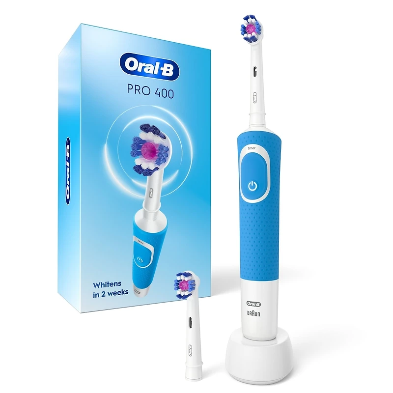 Oral-B Pro 400 3D White Vitality Electric Toothbrush with 2 Brush Heads, Rechargeable, Blue