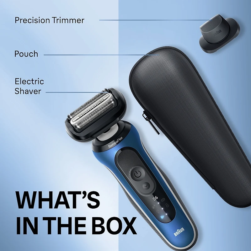 Electric Shaver for Men, Series 6 6120s, Wet & Dry Shave, Turbo & Gentle Shaving Modes, Foil Shaver, Engineered in Germany, With Precision Trimmer & Pouch, Blue