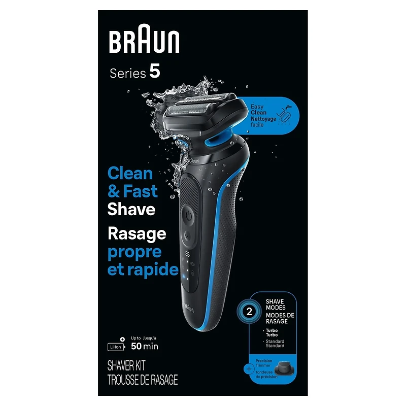 Electric Shaver for Men, Series 5 5118s, Wet & Dry Shave, Turbo Shaving Mode, Foil Shaver, Engineered in Germany, Li-Ion battery up to 50 min, with Precision Trimmer, Blue