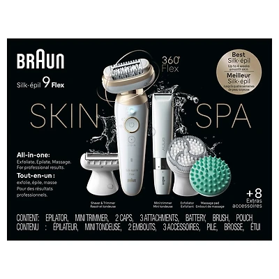 Silk-épil 9 Flex SkinSpa Epilator, 360 Flex and Pivoting Head, Wet and Dry, Includes Shaver Head, Trimmer Comb, Massage Pad, Exfoliation Brush and BodyTrimmer, SES9-481 3D