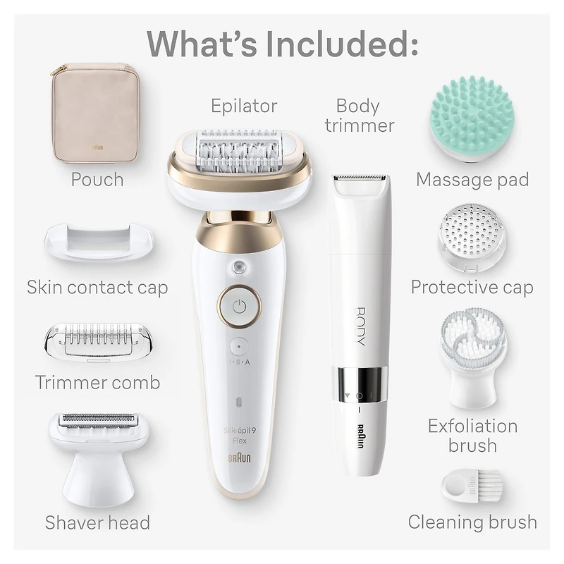 Silk-épil 9 Flex SkinSpa Epilator, 360 Flex and Pivoting Head, Wet and Dry, Includes Shaver Head, Trimmer Comb, Massage Pad, Exfoliation Brush and BodyTrimmer, SES9-481 3D