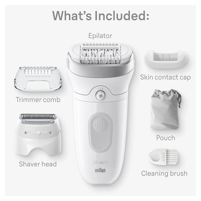 Braun Silk-épil 7 Epilator, Wet and Dry, Wide Head, Includes Shaver Head and Trimmer Comb, SE7-041, Silver