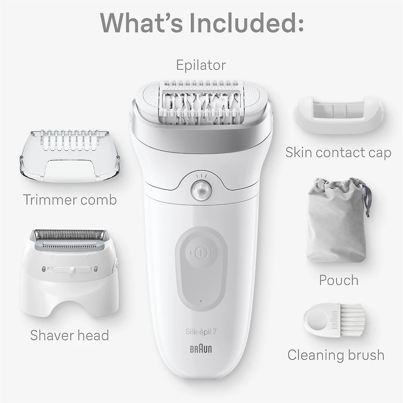 Braun Silk-épil 7 Epilator, Wet and Dry, Wide Head, Includes Shaver Head and Trimmer Comb, SE7-041, Silver