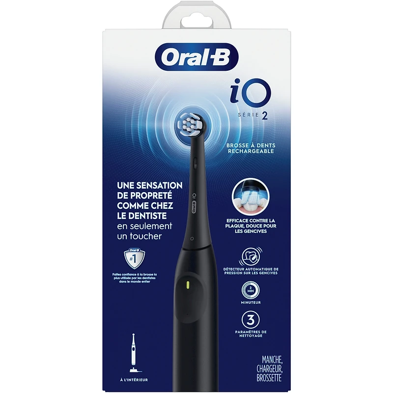 Brosse à dents électrique rechargeable iO Série 2, noir minuit avec 1 brossette soins doux – Capteur automatique de pression pour protéger les gencives – 3 modes – Minuterie de 2 minutes