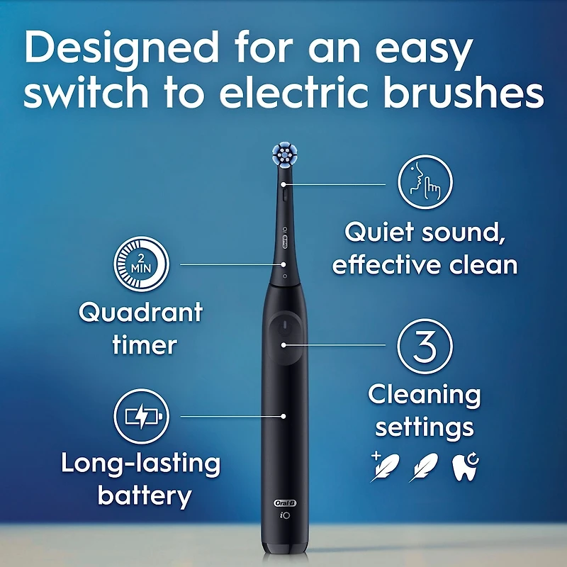 Brosse à dents électrique rechargeable iO Série 2, noir minuit avec 1 brossette soins doux – Capteur automatique de pression pour protéger les gencives – 3 modes – Minuterie de 2 minutes