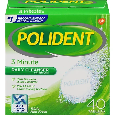 Polident 3 Minute Daily Denture Cleaner 40 Denture Tablets