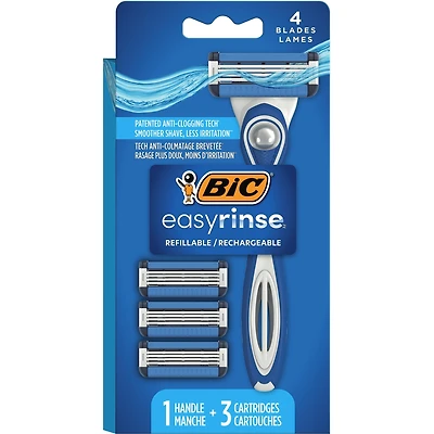 EasyRinse Anti-Clogging, Refillable Men's Razors With 4 Blades, 1 Handle and 3 Refill Razor Cartridges Razor Kit