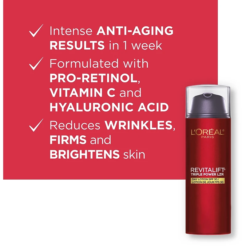 Lotion de Jour Anti-Âge FPS 30 avec Pro-Rétinol, Vitamine C et Acide Hyaluronique, Sans Parfum, Revitalift Triple Power LZR