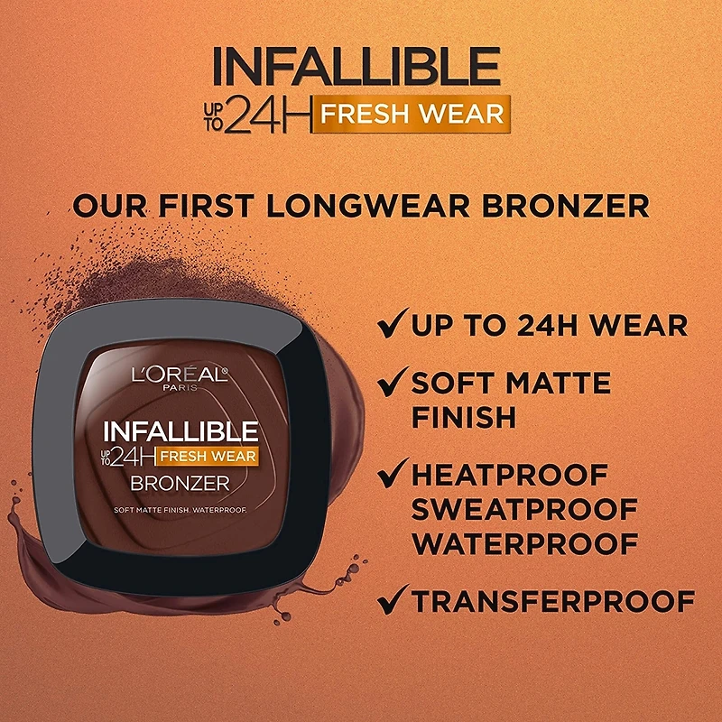 L'Oréal Paris Infaillible – Bronzeur Fresh Wear jusqu'à 24 h, finition mate douce longue tenue, imperméable et résistant à la chaleur, Light 8,8 g