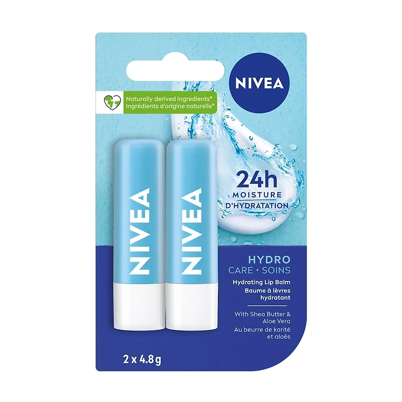 NIVEA Hydro Care Lip Balm, 24hr hydration, Enriched with shea butter & aloe vera, (2 x 4.8g)