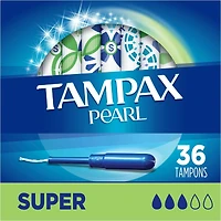 Tampons Tampax Pearl avec tresse anti-fuites LeakGuard et applicateur en plastique sans BPA, degré d’absorption super, non parfumés, 36 tampons